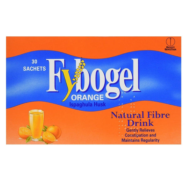 The Fybogel Orange box contains 30 sachets of natural fiber drink with Ispaghula Husk. It features an image of an orange drink and promotes constipation relief and regularity.