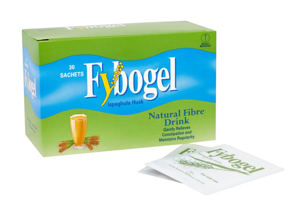 A green box of Reckitt and Benckisers Plain Fybogel (30 Sachet Box) with orange accents, labeled as a natural dietary fiber drink for digestive health, is shown. Beside it is one sachet. An image of a glass filled with the drink decorates the packaging.