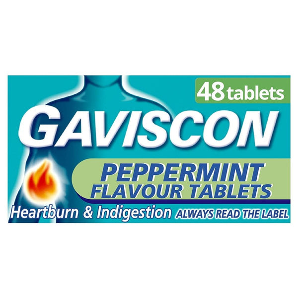 Image of a Gaviscon Chewable Peppermint (48 Tablets) package for heartburn and indigestion relief, featuring the text Always read the label and an illustration depicting relief in the chest area.