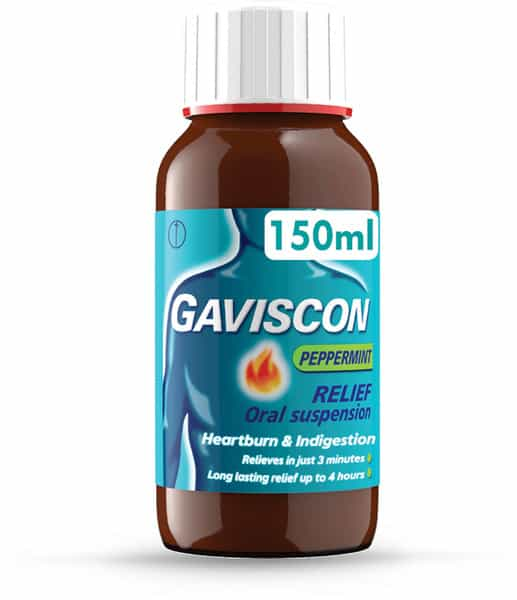 The Miscellaneous brand Gaviscon Peppermint, 150ml, comes in a brown bottle with a white cap and offers relief from indigestion and heartburn in as little as 3 minutes, lasting up to 4 hours.