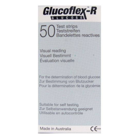 The image shows Glucoflex-R Blood Glucose Test Strips (50 Strips) for self-testing and visual reading. Its compatible with blood glucose monitoring systems, features multilingual packaging text, and is made in Australia.