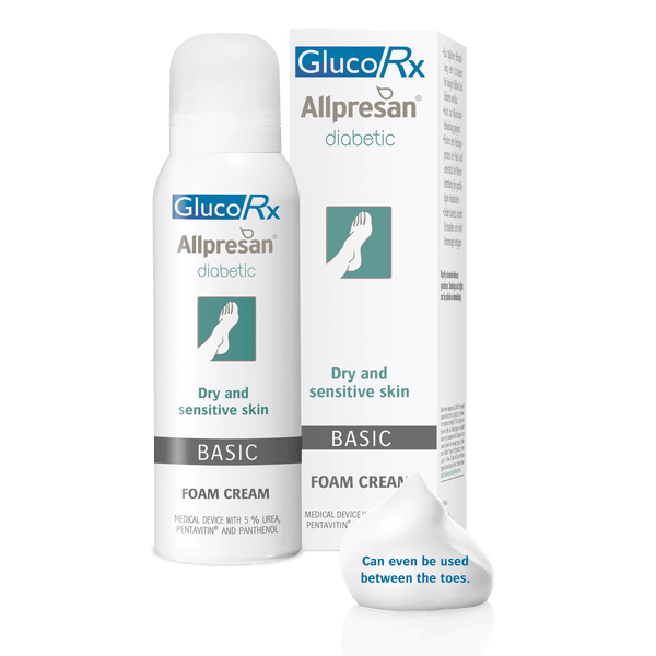 Image of GlucoRx Allpresan Basic Diabetic Foam Cream (300ml) for dry, sensitive skin with a foot icon on the packaging. A foam dollop highlights its moisturizing benefits, designed specifically for diabetic skincare and between-the-toes care.