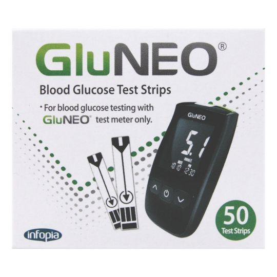 Infopias Gluneo Test Strips (50 Strips) are ideal for diabetes management. The box features test strips and a glucometer with GluNEO branding, designed to monitor blood glucose levels with the GluNEO meter.