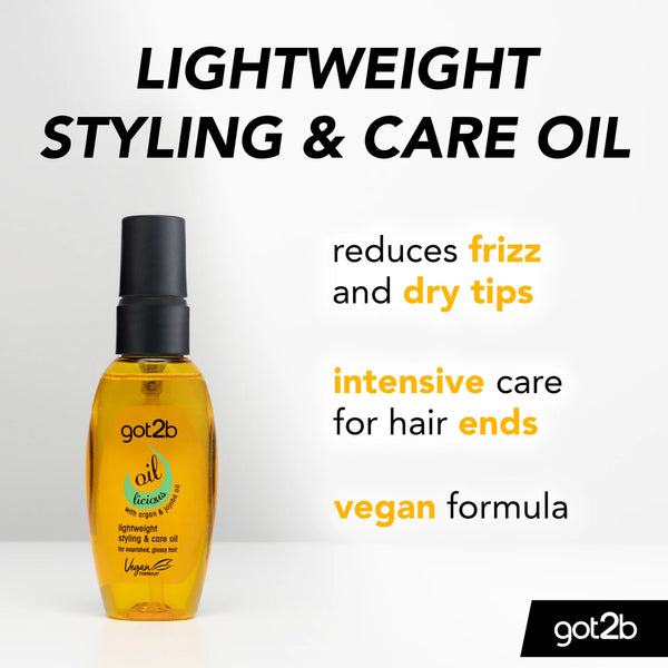 A bottle of Schwarzkopf Got2b Oil-licious Hair Styling Oil (50ml) is shown next to text promoting its frizz and dry tip reduction, intensive care for hair ends, flexible hold for textured styles, vegan formula, and the Schwarzkopf logo at bottom right.