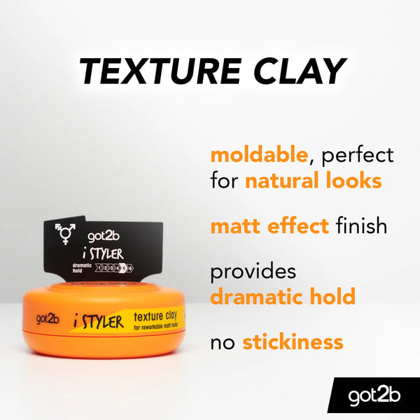 A 75ml orange container of Schwarzkopf Got2B iStylers Texture Clay sits on a white surface. Text highlights moldable texture, natural matte finish, flexible hold, no stickiness. The Schwarzkopf logo appears at the bottom right.
