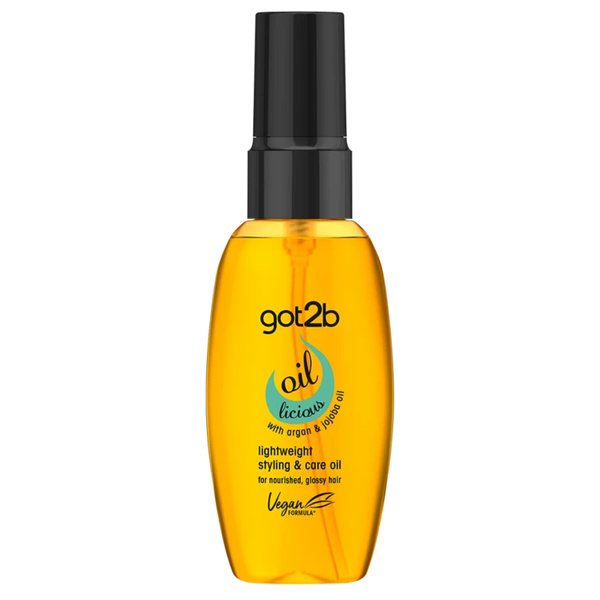 Schwarzkopf Got2b Oil-licious Hair Styling Oil (50ml) is a vegan formula with argan and marula oils that nourishes hair, adds gloss, and provides flexible hold for textured matte styles. Comes in a yellow bottle with a black pump and green text.