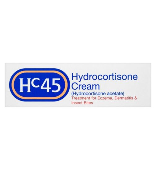 Image of a 15g white rectangular box of HC45 Hydrocortisone Cream for treating eczema, dermatitis, and insect bites, featuring dark blue and orange text on a clean white background.