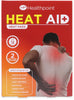 A man holds his lower back in pain, highlighted in red. Healthpoint Heat Pads - Pain Relief (Direct To Skin) packaging shows targeted heat therapy for relief from muscle aches, joint stiffness, and more by Healthpoint.