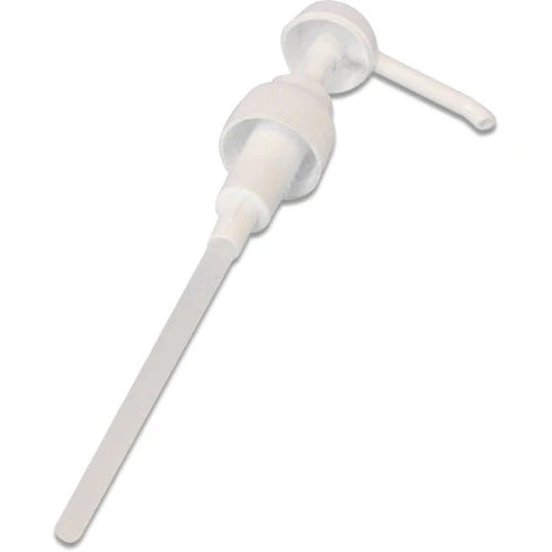 The Hibiscrub Pump Dispenser (5ml) by HIBISCRUB is a white plastic dispenser ideal for Hibiscrub or Hibisol. It features a long tube, rounded head, and slender curved spout for precise liquid dispensing.