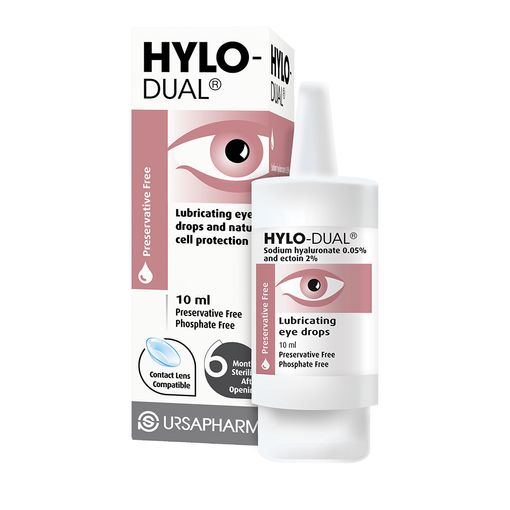 Image of Hylo Dual Eye Drops (10ml) by Hylo Care packaging featuring an eye graphic. Highlights include tear film stabilization, sodium hyaluronate, preservative-free formula, suitability for contact lenses, effective for dry/irritated eyes. Usable for 6 months after opening.