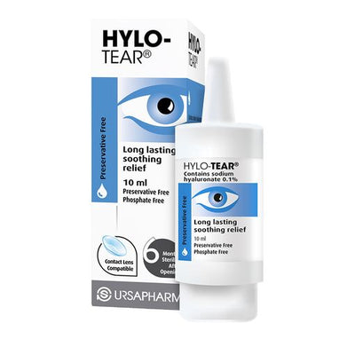 HyloTear Eye Drops (10ml) by Hylo Care are designed for contact lens users needing long-lasting dry eye relief. This Ursapharm product boasts a preservative and phosphate-free formula with 0.1% Hyaluronic Acid for optimal comfort and hydration.