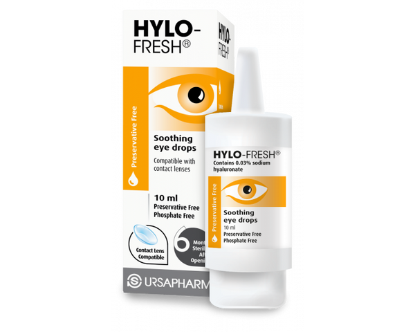 Hylo Fresh 0.03% (Sodium Hyaluronate) (10ml) packaging features an eye illustration, highlighting its preservative-free, phosphate-free formula. Compatible with contact lenses, it ensures supreme eye hydration and is expertly branded as Hylo Care by Ursapharm.