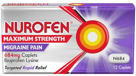 Nurofen Max Strength Migraine Relief contains 12 caplets of fast-acting Ibuprofen Lysine at 684 mg for effective headache relief, featuring a red and yellow bullseye design on a silver package.