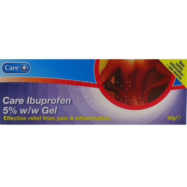 The packaging of Care Pain Relief Gel 5% (50g) shows a person with lower back pain, highlighting effective relief from joint pain and inflammation. A new improved fragrance banner is displayed in the top right corner.