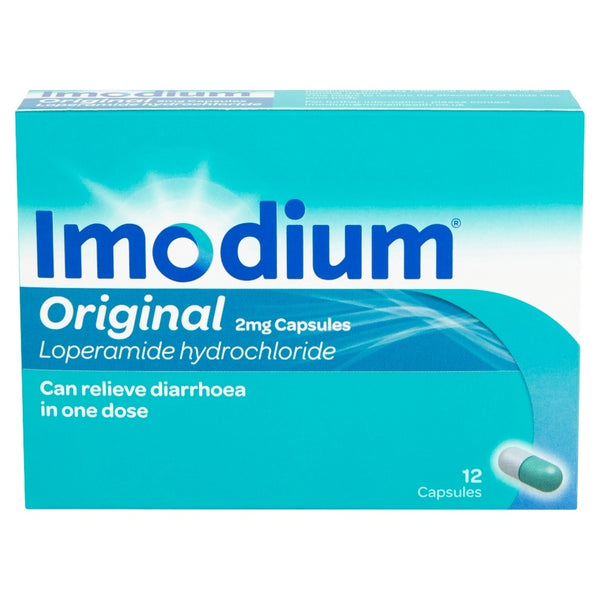 Imodium Original for Diarrhoea Relief 2mg (6 Capsules) by Imodium offers quick relief in a single dose, featuring loperamide hydrochloride and an image of a capsule on the front.