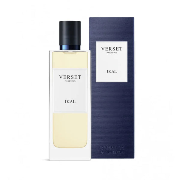 A 50ml rectangular Verset Ikal bottle with a black cap is beside its matching tall, dark blue box. Both feature white labels displaying the brand "Verset" and the fragrance name "Ikal.