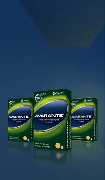 Three packs of Avarante Tadalafil 10mg Tablets (Pack of 4) are shown against a blue background. This effective PDE5 inhibitor, branded as Avarante, emphasizes its 36-hour effectiveness in managing erectile dysfunction and maintaining an erection.