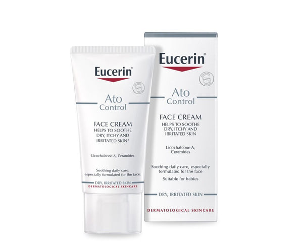 A 50ml Eurcerin Ato Control Face Cream in a tube and box is perfect for sensitive skin. It soothes dry, itchy, irritated areas with Licorice Extract and Ceramides. Ideal for daily use, its suitable for babies and those with atopic dermatitis.