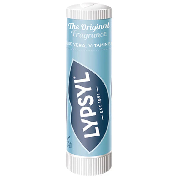 Lypsyl Original Lip Balm (4.6g) by Lypsyl soothes chapped lips with Aloe Vera, Vitamin E, and natural beeswax. Features a blue and white label marked “The Original Fragrance” for lasting care since 1891.