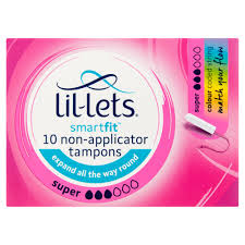 A pink box of Lil-Lets SmartFit Super (10 Pack) tampons, showing the Lil-Lets brand, a small tampon image, and a color-coded absorbency guide on the right side.