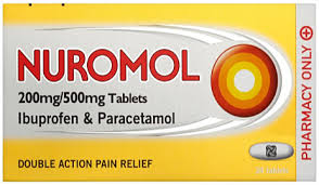 The yellow and white packaging of Nuromol Dual Action - Pain Relief 200mg/500mg (32 Tablets) displays its Ibuprofen & Paracetamol formula, featuring a red and orange logo. It offers dual action pain relief with Pharmacy Only noted on the side for safety.