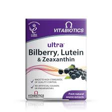 The Vitabiotics Ultra Lutein and Bilberry (30 tabs) box highlights its natural sources, stringent quality control standards, and the absence of artificial colors or preservatives.