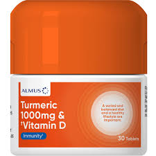 A bottle of Almus Turmeric and Vitamin D 400iu Tablets (30 Tablets), with an orange lid and label, supports immunity and joint health, as highlighted on the packaging.