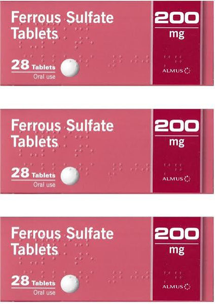 Three boxes of Almus Ferrous Sulfate 200mg Tablets, each pack containing 28 tablets for oral iron supplementation and anemia treatment. The pink boxes with white text display the Almus brand.