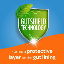 A green shield with a leaf and GutShield Technology appears above Supports digestive health and forms a protective layer on the gut lining on a blue and orange background for Fybocalm Diarrhoea Relief (30 capsules) by Fybocalm.