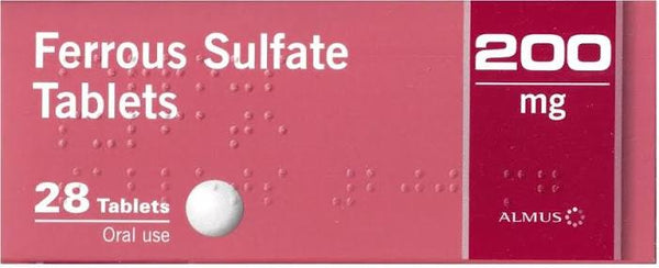 A pink box of Almus Ferrous Sulfate 200mg Tablets (28 tablets), labeled for oral use and featuring braille plus the ALMUS logo on the right side—specially designed for effective iron supplementation and anemia treatment.