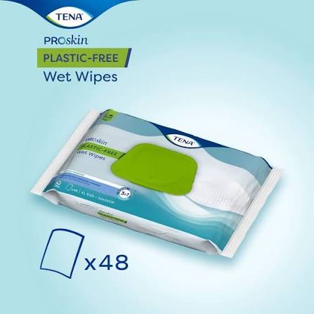 A 48-pack of TENA Plastic-Free Wet Wipes by Tena, featuring mainly white and green packaging with blue accents and a green resealable flap. These adult incontinence cleansing wipes are both practical and gentle on the skin.