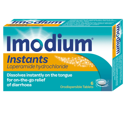 The image shows a box of Imodium Instants - Diarrhoea Relief with 6 orodispersible tablets. It highlights Loperamide hydrochloride, offering fast relief as the tablets dissolve instantly on the tongue. The packaging is mainly blue and yellow.