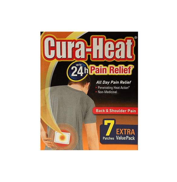 Cura Heats Back & Shoulder Pain Relief Patches guarantee up to 24 hours Pain Relief, perfect for back and shoulder pain. The image features a person applying a patch to the lower back. This extra value pack includes 7 patches for all-day comfort.