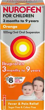 Nurofen for Children Orange (100ml) by Nurofen provides fast-acting, sugar-free 100mg/5ml pain relief for ages 3 months to 9 years, with a pleasant orange flavor. It offers up to 8 hours of headache relief and packaging shows a smiling child and adult.