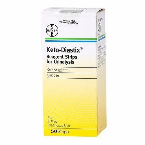 Bayers Keto Diastix Reagent Test Strips (50 pieces) come in a white and yellow box, ideal for those on a ketogenic diet. These strips are designed for urinalysis to test ketone and glucose levels, providing essential diagnostic insights.