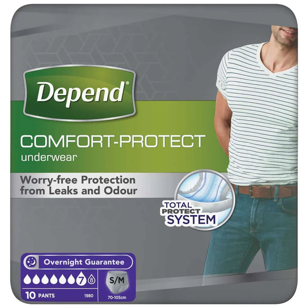 Depend Comfort Protect Underwear for Men, Level 7 absorbency, S/M (70-105 cm), pack of 10. Features mens bladder leakage protection and overnight guarantee. Packaging shows a person in a striped shirt and jeans (cropped).