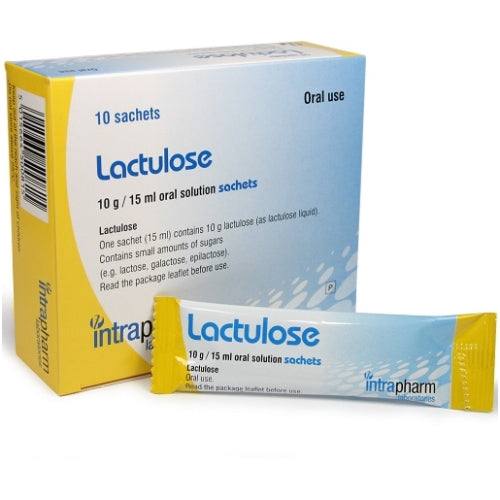 Box of Lactulose 10g/15ml Oral Solution Sachets (10 sachets) by Esteve, labeled for oral use. The UK packaging is white, blue, and yellow with visible product information and dosage instructions.