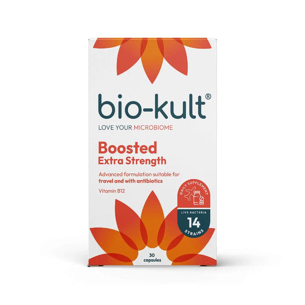 A white box of Bio-Kult Boosted Extra Strength (30 capsules) by Bio-Kult features orange and red designs, offers 14 live bacteria strains including Saccharomyces boulardii, Vitamin B12, and supports the immune system.