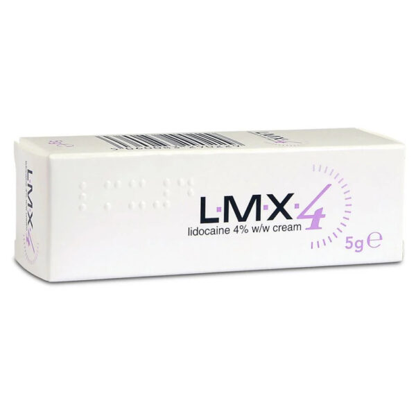 LMX-Lidocaine 4% cream (5g) is packaged in a white box with purple text and includes braille on the surface.