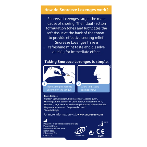 A blue box of Snoreeze Lozenges (16) highlights their snoring relief with natural ingredients. Instructions show placing a lozenge on the tongue, and ingredients plus contact info are displayed at the bottom.