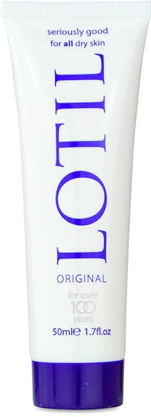 A white 50ml tube of Lotil Original Cream features purple text stating its seriously good for all dry skin and has been offering deep hydration for over 100 years.