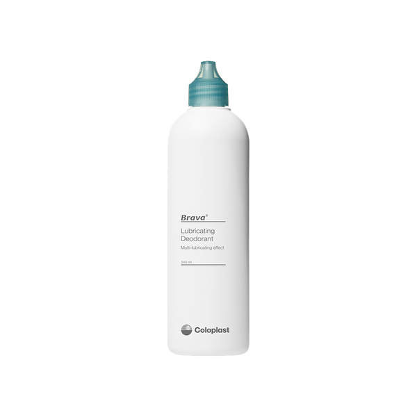 A tall, cylindrical white bottle of Coloplasts Brava Lubricating Deodorant (240ml) features a teal cap and a label stating, Lubricating Deodorant. Multi-lubricating effect. Ideal for stoma bag care.