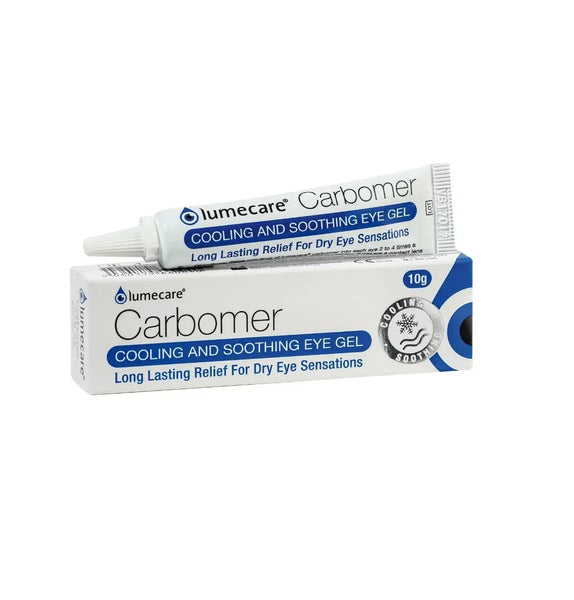 Close-up of a Lumecare Carbomer 10g Eye Gel tube on its box. The white packaging with blue accents reads Cooling and Soothing Eye Gel and promises Long Lasting Relief for Dry Eye Sensations, making it your go-to for soothing eye care.