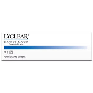 The Lyclear Dermal Cream-Permethrin (30g) features a 5% permethrin formula, effectively treating scabies and crab lice, in a package with a white background, blue gradient, and bold black text.