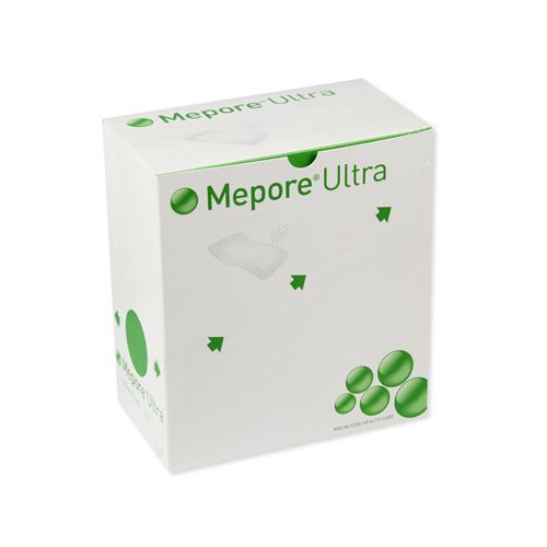 The Mepore Ultra Dressing (7cm x 8cm) box is white with green accents, featuring circular designs and a small adhesive bandage image, providing exceptional wound protection. This sterile dressing by Mepore promotes healing in wound care.