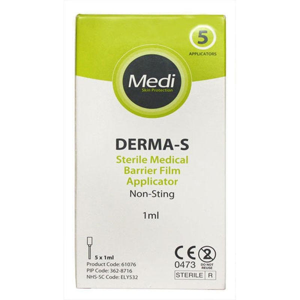 The Medi Derma S Barrier Film Applicator packaging is green and white, highlighting the Non-Sting label. It contains five 1ml applicators, is CE marked, and lists product details on the bottom to minimize skin irritation.