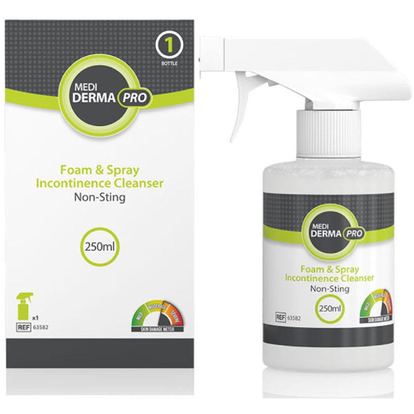 The Medi Derma-PRO Foam And Spray (250ml) packaging showcases a Non-Sting pH-balanced formula. The green and grey design includes a color-coded pH scale, with the brand name Medi Derma highlighted on the box and spray bottle.