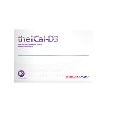 A white box labeled The iCal-D3 1000mg/880iu Chewable Tablets (30 Tablets) by Stirling Anglian Pharma features purple accents, braille markings, and provides calcium and vitamin D3 for bone health.