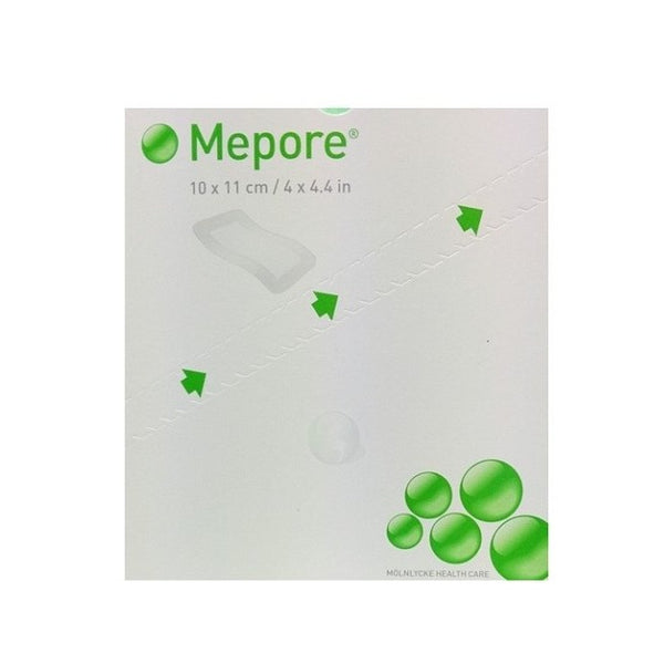 The packaging for Mepore Adhesive Dressings 10cm x 11cm showcases green circles and arrows on a white background, emphasizing its effective absorbency.