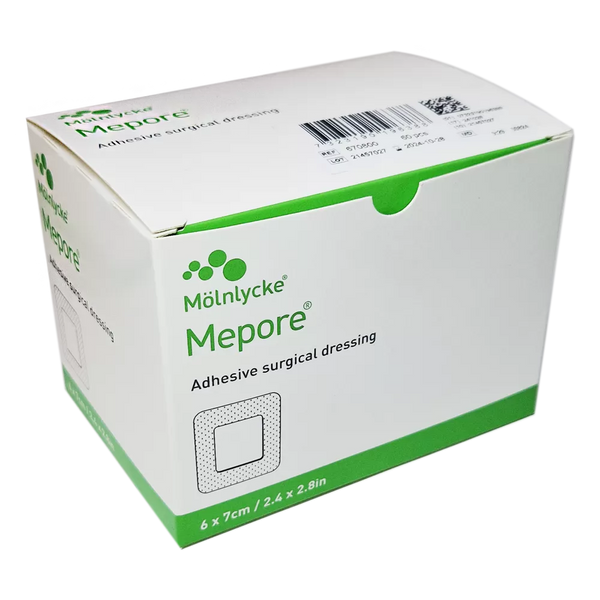 Box of Molnlycke Mepore Film 6cm x 7cm Dressing, designed for effective wound care, with primarily white and green packaging featuring a dressing diagram and barcode.